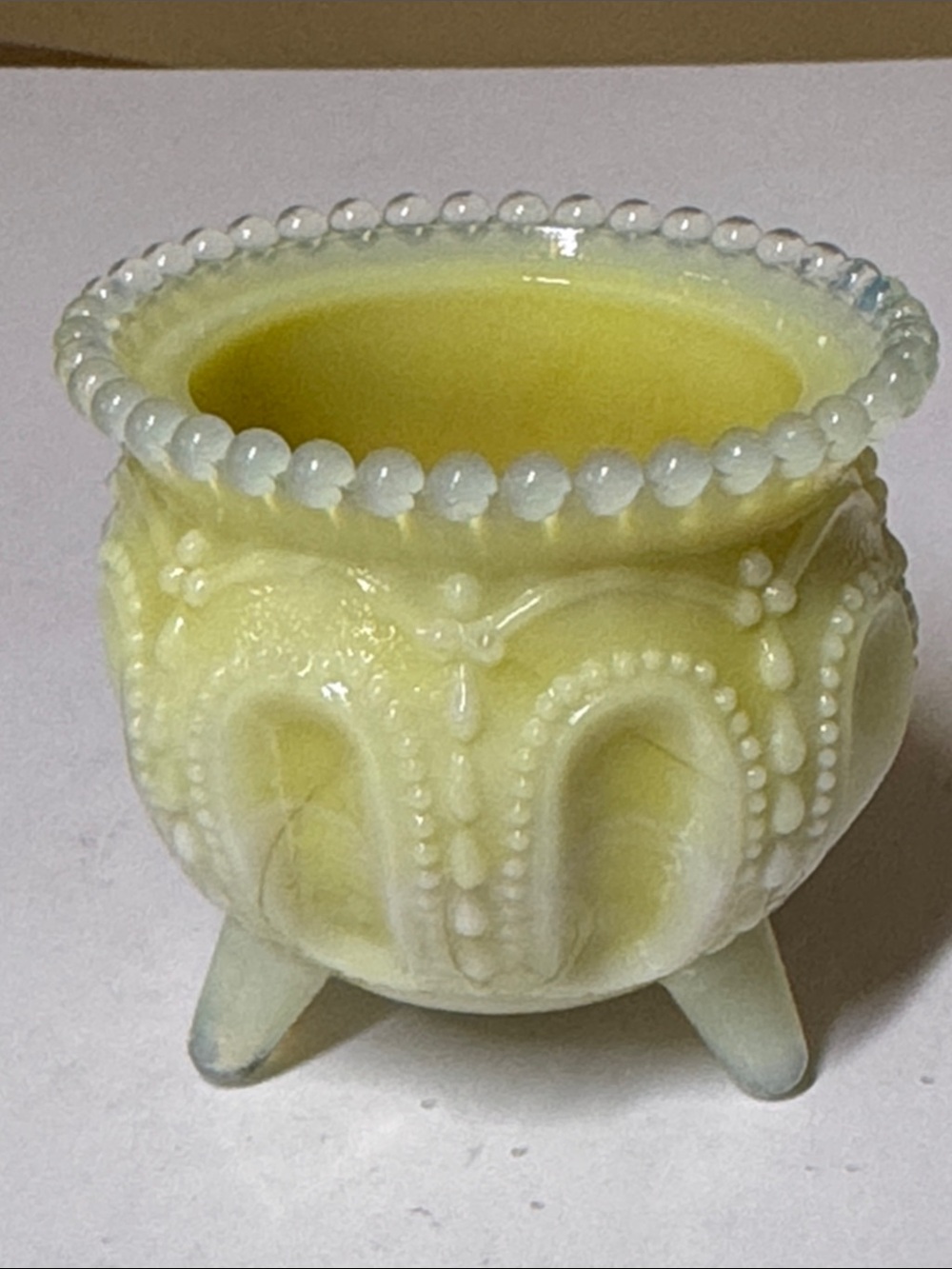 BOYD GLASS GYPSY POT TOOTHPICK HOLDER Yellow glows orange 2.25”